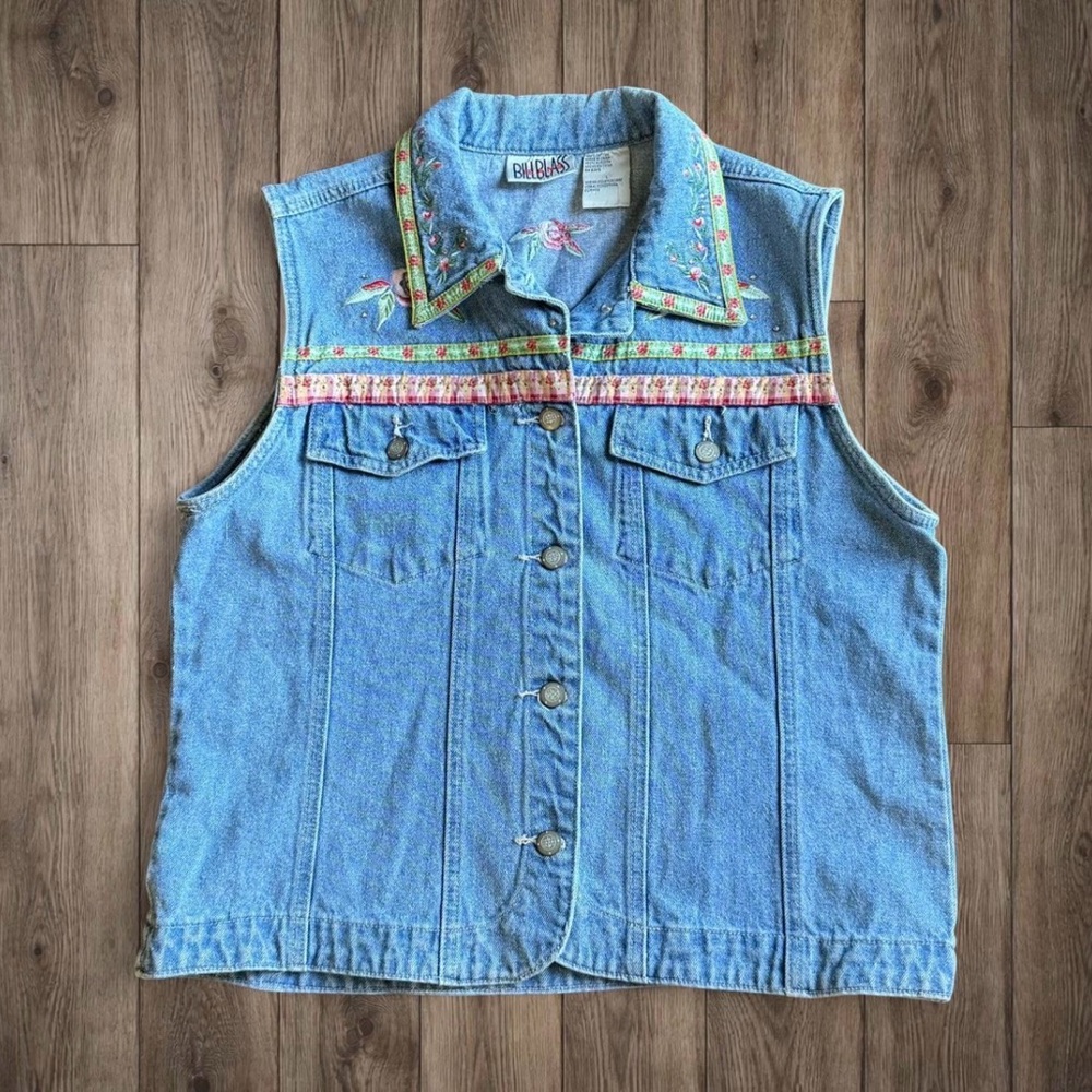 Vintage 90s Bill Blass Blue Denim Vest with Floral Embroidery